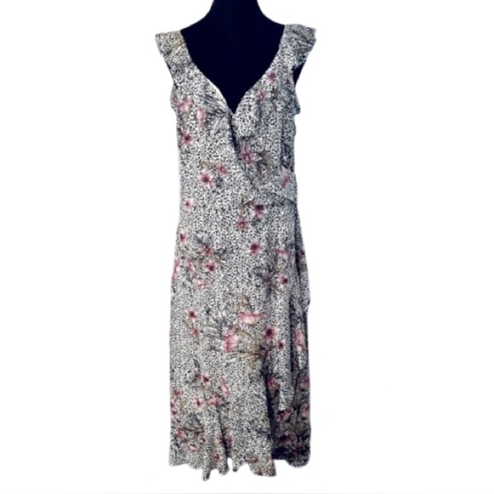 XL Floral WHITE HOUSE BLACK MARKET Ruffle Midi Dress 14 Animal Leopard